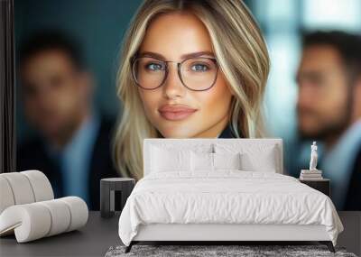 A young blonde woman wearing glasses smiles confidently while sitting in a business setting, with two blurred colleagues in the background. Wall mural