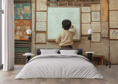 A young boy writes on a whiteboard in an old classroom adorned with vintage posters, reflecting an atmosphere of traditional learning and history.. Wall mural