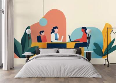 Colorful illustration depicting a business meeting with two professionals sitting across from each other at a desk, discussing ideas or negotiations.. Wall mural