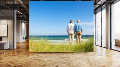 Two men stand side by side on grassy dunes, gazing out at the ocean horizon under a bright blue sky, sharing a peaceful moment by the water.. Wall mural