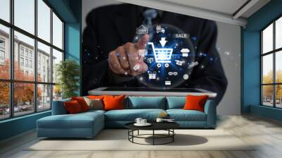 Businessman using mobile phone connect to internet and information from around the world to Analysis of sales data and economic growth. Business strategy, digital market. finance, marketing, commerce Wall mural