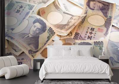 Japanese yen banknotes and Japanese yen coins for background image, vintage tone concept Wall mural