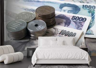 Japanese yen notes and Japanese yen coins for money concept background. Wall mural