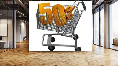 3D illustration of Shopping cart with 50 pocent discount in gold isolated Wall mural