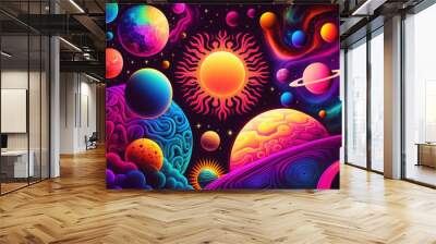 Colorful psychedelic galaxy and planets in space illustration Wall mural