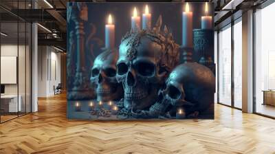 Decorated Skulls Surrounded by Candles and Magic. Generative AI. Wall mural