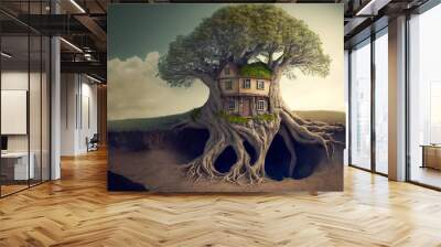 Fairy house in the tree roots. Generative AI Wall mural