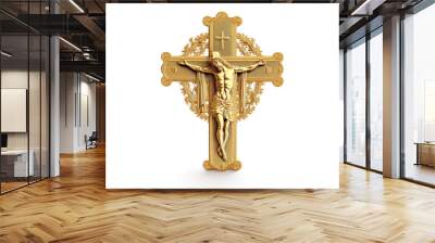 Golden crucifix cross with Jesus isolated on white. Generative AI Wall mural