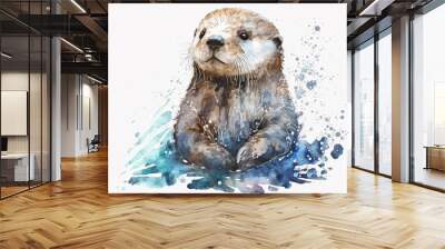 Sea Otter swimming in the water. Watercolor painting. Generative AI Wall mural