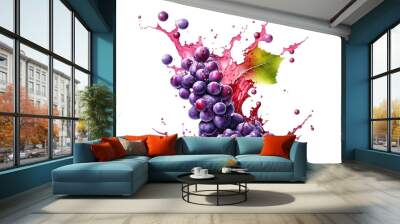 Sweet Purple Grapes in juice splash isolated on white. Generative AI Wall mural