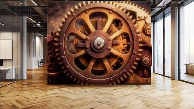 Vintage rusty Machinery gears steampunk background. Generative AI Wall mural