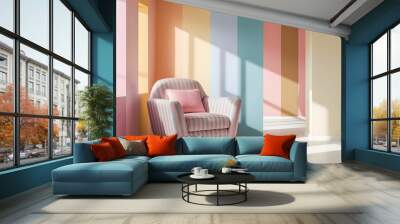 Bright armchair decor with abstract minimal pastel multi-color vibrant groovy retro striped background wall frame, Modern living room interior with pastel pink armchair, plants and decorative elements Wall mural