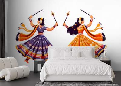 illustration of a women's playing dandia and garbha for navratri on transparent and white background. Wall mural