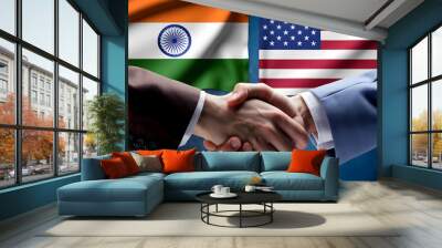 india and USA, handshake between two people and indian and American flag in the background, showcasing strong bond. Wall mural