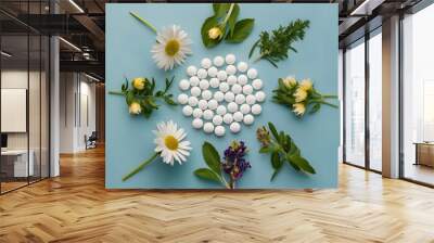 top view white pills with various herbs and flowers with lite isolated blue background. Wall mural