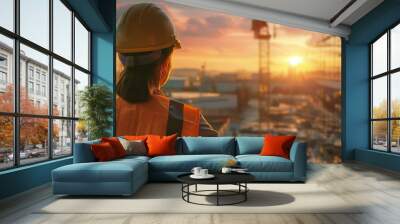 Female engineer looking at construction site Wall mural