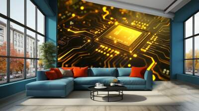 Glowing computer chip with yellow circuit lines background Wall mural