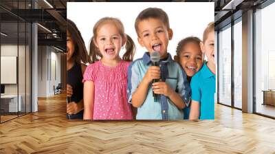 Group of children holding microphones and singing karaoke isolated on white background Wall mural