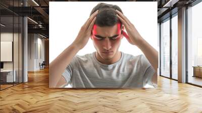 Stress and headache concept, Young man having head pain isolated Wall mural