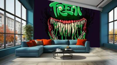 Halloween trick or treat vector, poster, flyer, and background template. Halloween trick or treat greeting text with fangs and eyeballs. Monster jaw and mouth with dripping slime Wall mural