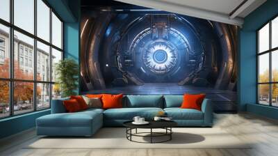 Circular Lightblue Glowing Sci-fi large Door inside a spaceship dock of an unknown alien technology with a dark background Wall mural