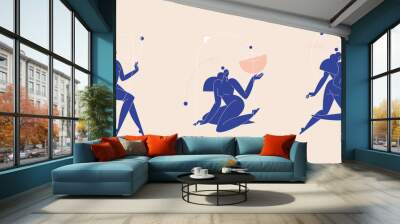 Contemporary woman silhouette vector illustration set. Nude female body, blue colored feminine figures, geometric shape abstract composition. Beauty, body care concept pack for branding. Modern art Wall mural