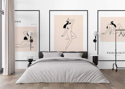 Mid century modern poster collection. Abstract female body, woman figure silhouette feminine trendy graphic.Contemporary beauty, Femininity concept, prints set for wall art decor. Vector illustration Wall mural