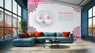 Oriental frame, floral arrangement with cherry flowers on pink pattern background with clouds for greeting card decoration, paper cut out style. Vector illustration, layers are isolated Wall mural