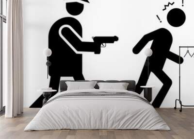 Policeman with gun Chasing a Thief Concept, Male cop pursuing burglar on White backgroun, Criminal running away from Constable Vector Icon design Wall mural