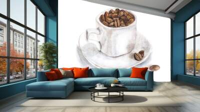 white cup with coffee beans painted with watercolors on white background Wall mural