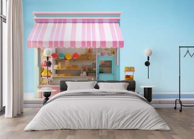 3D cute small store building isolated on blue pastel background. Wall mural