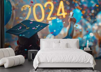 Graduation poster 2024. Male multiracial graduate celebrates his graduation on party with balloons and confetti. Wall mural