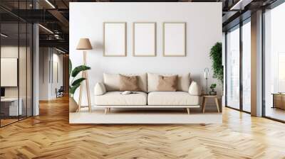 Mockup of three wooden frame on white wall in living room with beige couch, plants. AI Generated. Wall mural