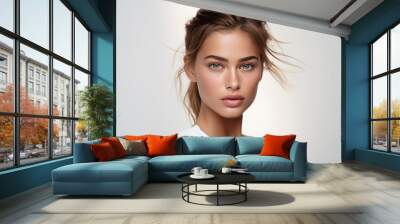 Portrait of perfect young woman isolated on light background. AI Generated. Wall mural