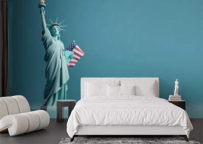 Statue of Liberty with American flag in 3d realistic style isolated on blue background, Independence Day banner template, AI Generated Wall mural