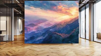 A beautiful mountain landscape with a bright orange sun in the sky,generative ai image Wall mural