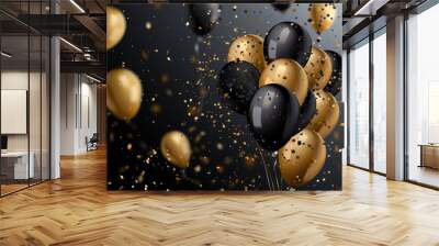 A black and gold party scene with many balloons and confetti, generative ai image Wall mural