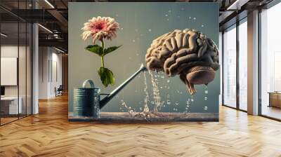 A brain is pouring water into a flower pot, generative ai image. Wall mural