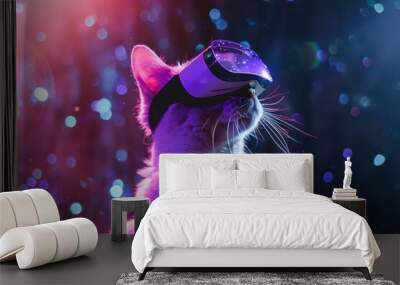 A cat wearing a virtual reality headset is looking at the camera, generative ai image Wall mural