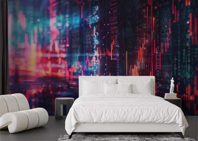 A cityscape with a lot of red and blue lights, generative ai image Wall mural