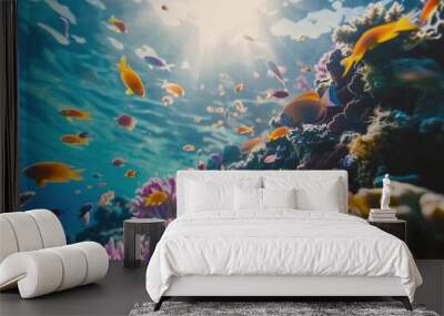 A colorful fish tank with many different types of fish swimming around, generative ai image Wall mural