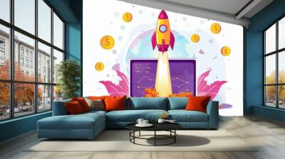 A computer screen with a rocket on it and a pile of money, generative ai image Wall mural