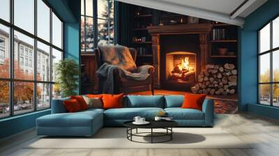 A cozy living room with a fireplace and a pile of wood, generative ai image Wall mural