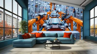 A factory floor with orange and black machinery, generative ai image Wall mural