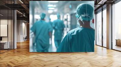 A group of doctors wearing blue scrubs and masks, generative ai image Wall mural