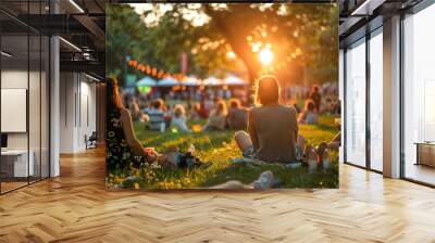 A group of people are sitting on a grassy field, enjoying the sun. Wall mural