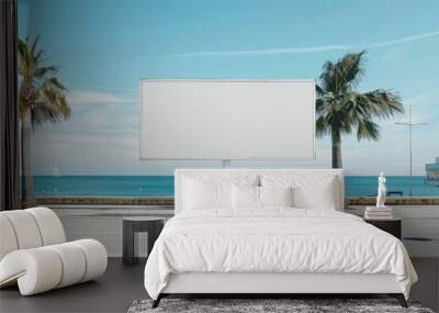 A large white billboard sits on a beach near the ocean, generative ai image Wall mural