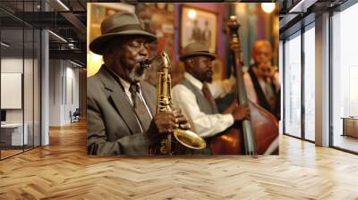 A man in a hat plays a saxophone in front of a group of other men, generative ai image Wall mural