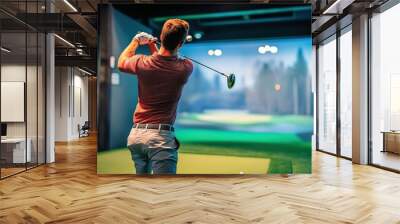 A man in a red shirt is swinging a golf club at a virtual golf ball, generative ai image Wall mural