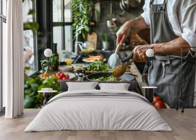 A man is cooking food in a kitchen with a variety of vegetables and dishes, generative ai image Wall mural